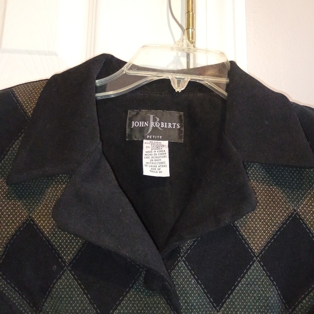 JOHN ROBERTS Petite 8P Vintage Argyle‎ Blazer Jacket Black Green Shoulder Pads - Picture 8 of 13